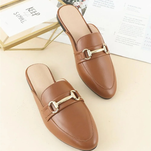 Shoes - Brown Elegant Women's Metal Decor Flat Mules